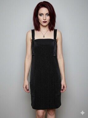 ModCloth Black Metallic Silver Pinstripe Pinafore Overall Dress, Size L